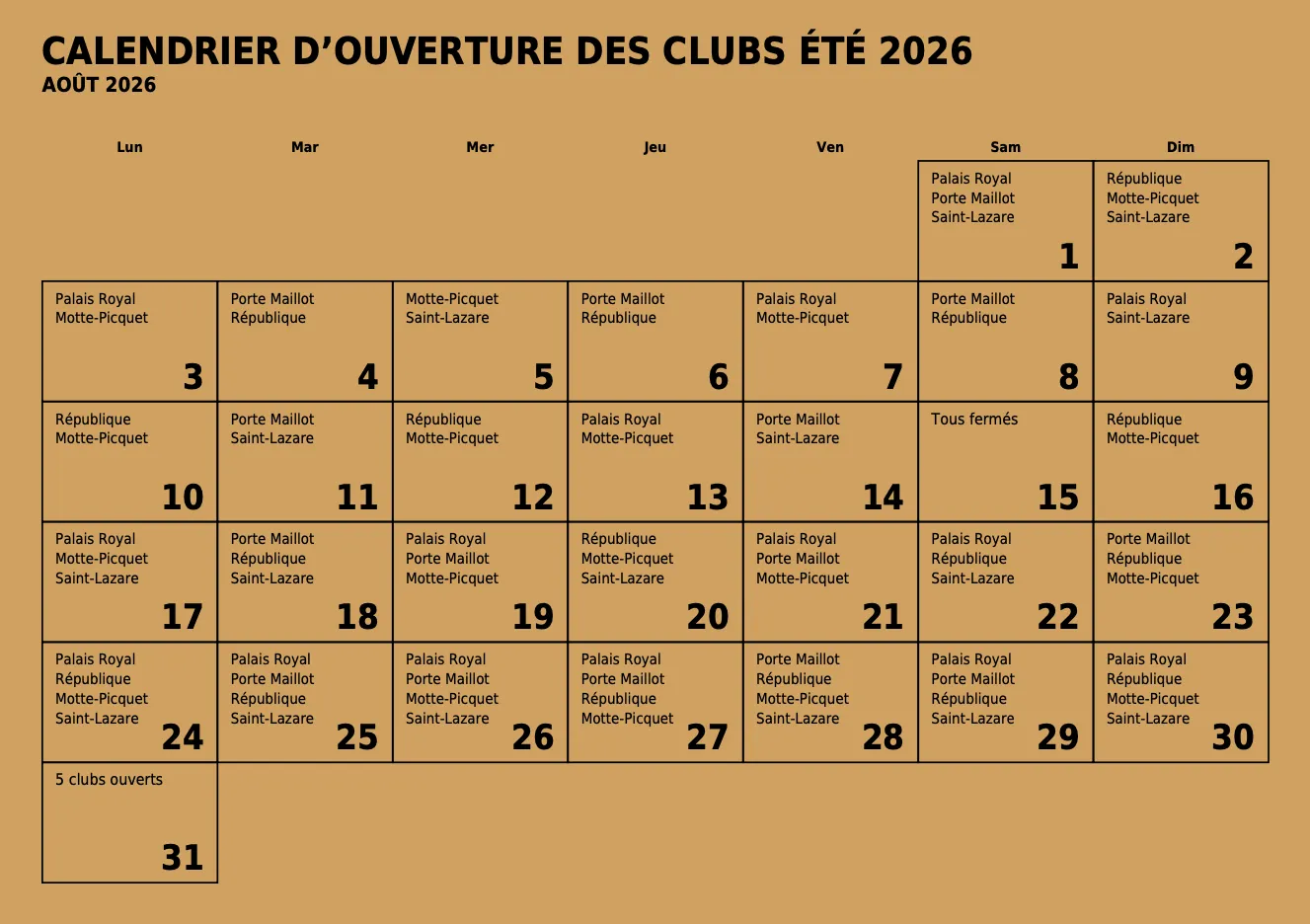 planning d'ouverture des clubs de boxe du Temple à Paris en août 2026