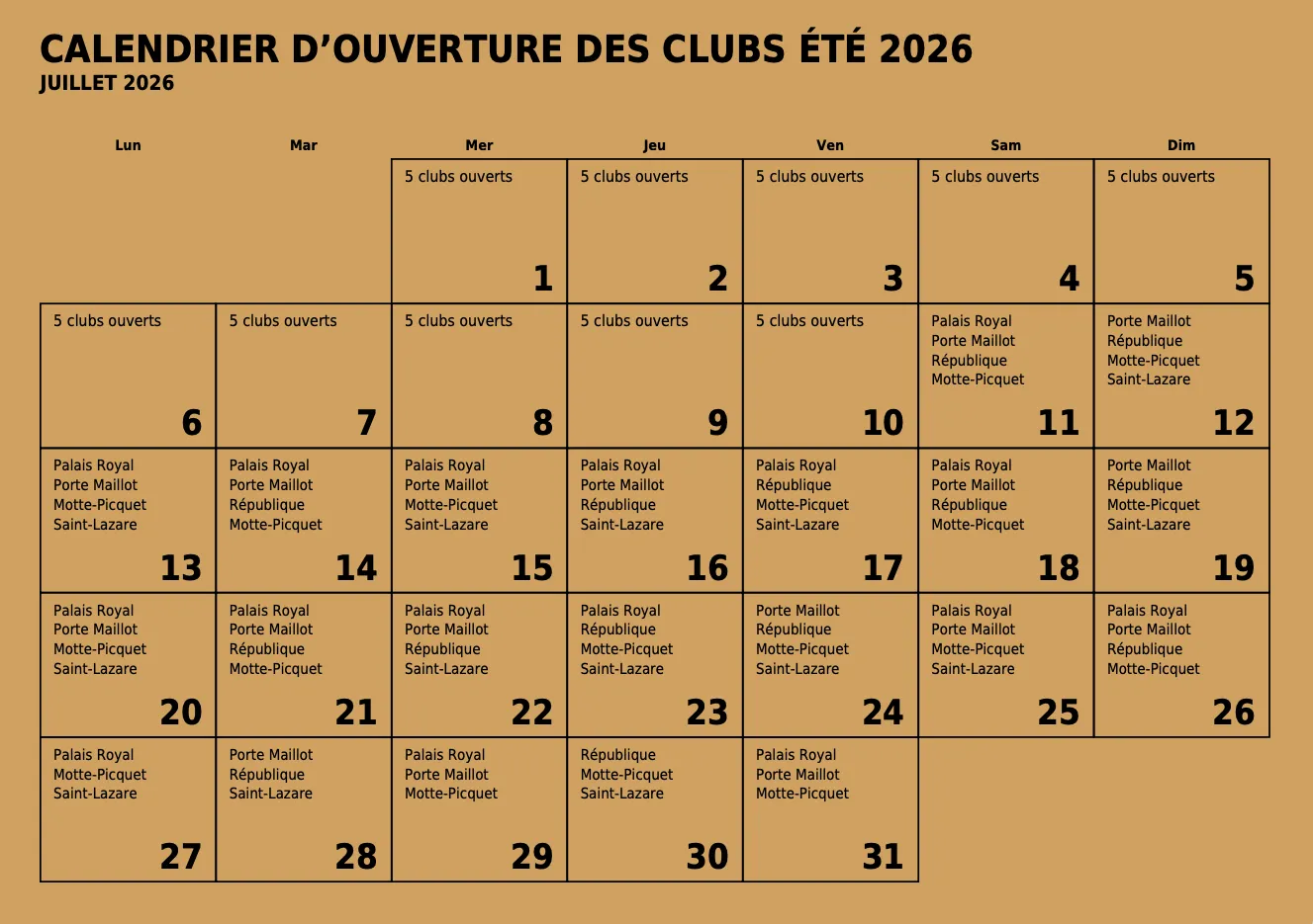 planning d'ouverture des clubs de boxe du Temple à Paris en juillet 2026